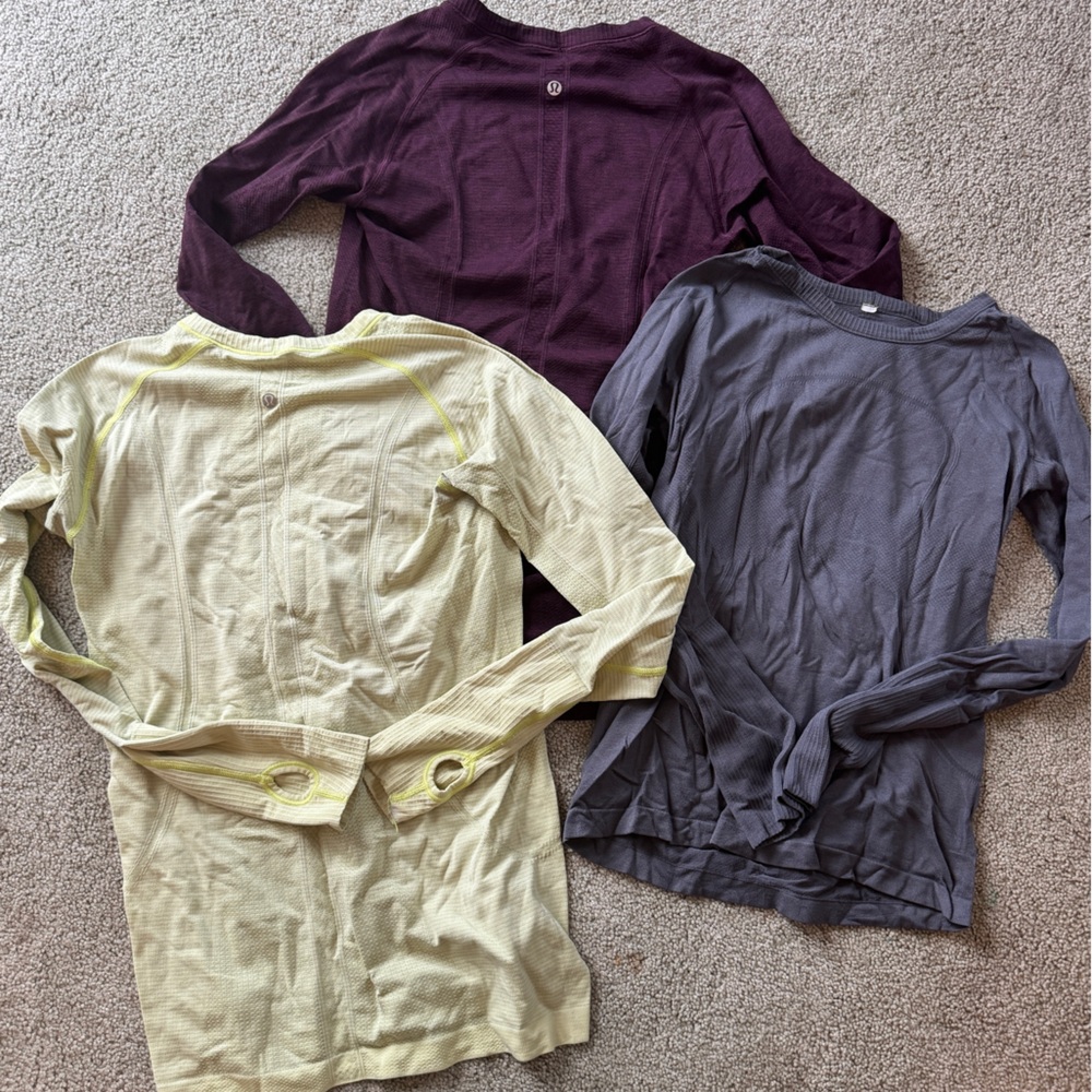 Lululemon (3) Swiftly Tech Long-Sleeve Shirt 2.0, size 8/10 Purple Yellow Grey